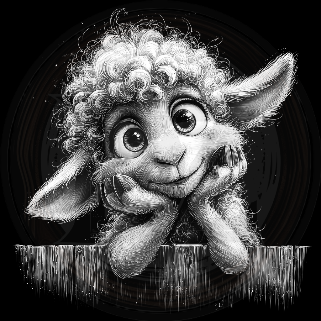 Black and white illustration of a cute lamb peeking over a wooden fence.