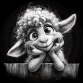 Black and white illustration of a cute lamb peeking over a wooden fence.