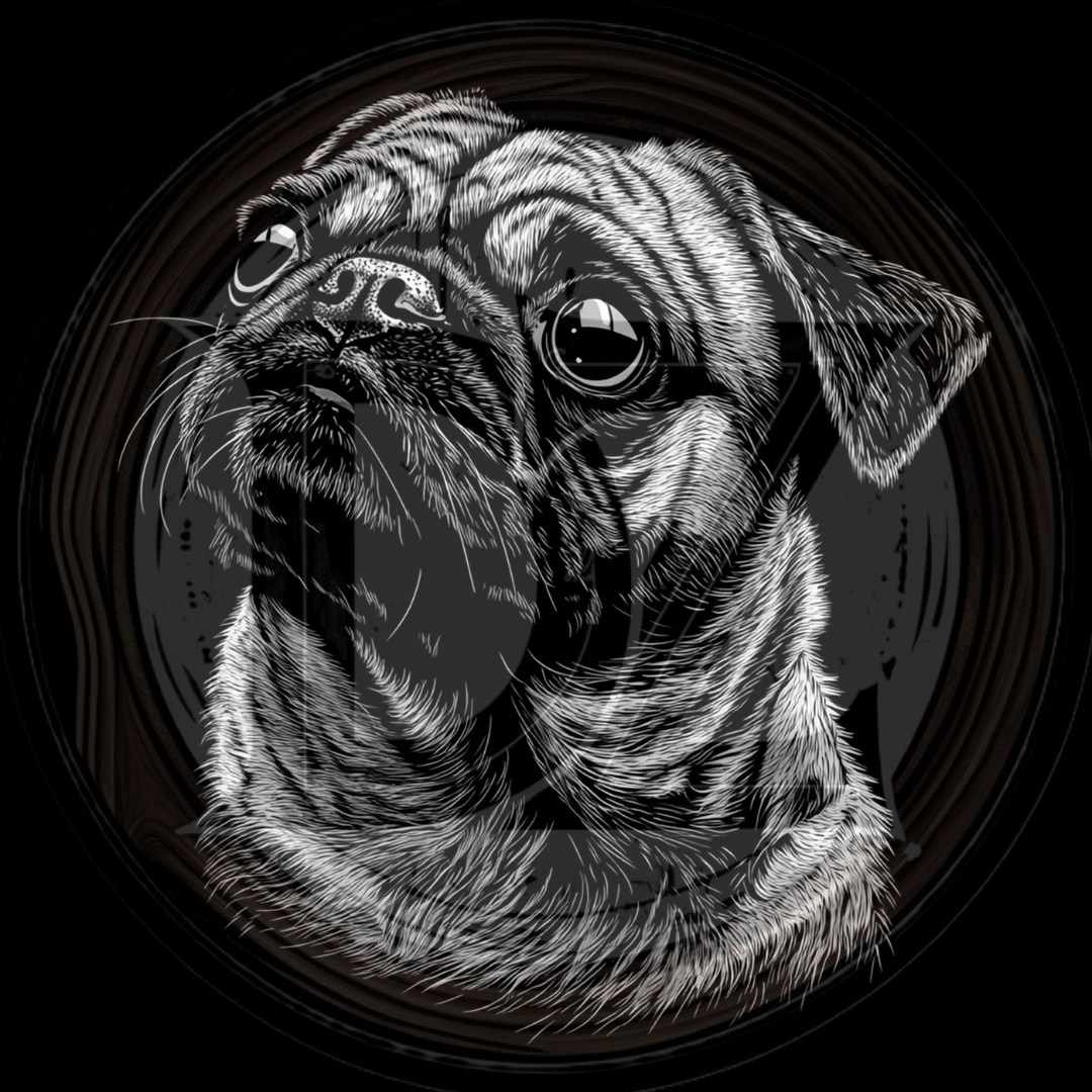 Black and white illustration of a pug dog on a dark background