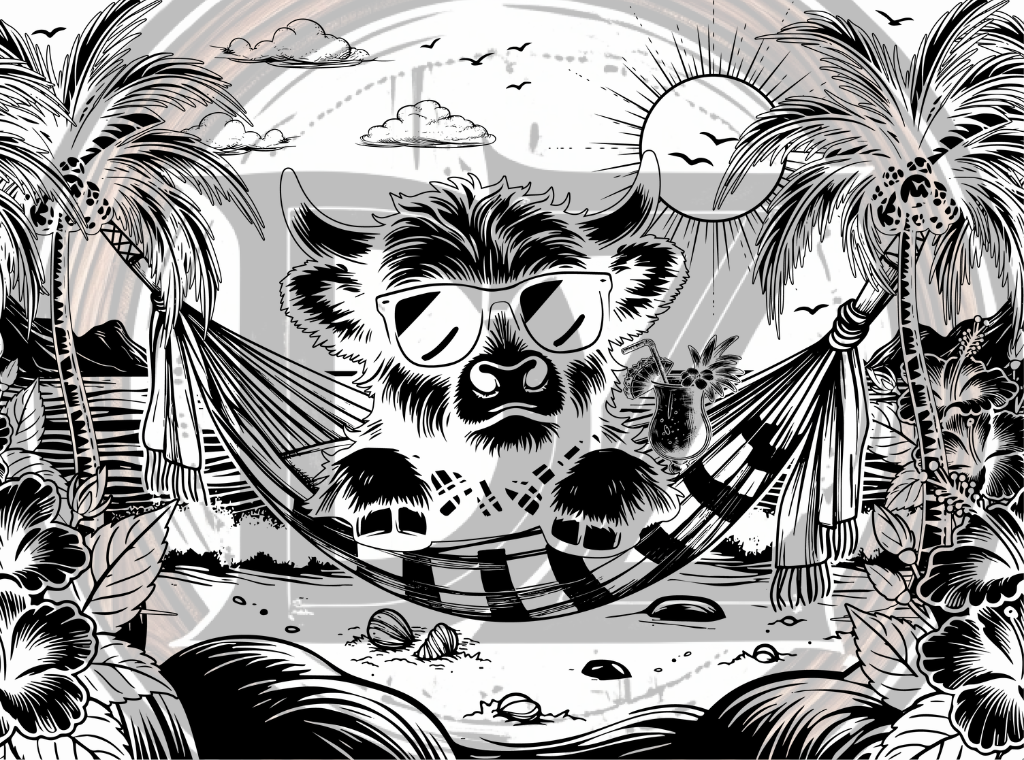 Illustration of a cow wearing sunglasses and a striped shirt in a tropical setting with palm trees and hammock.