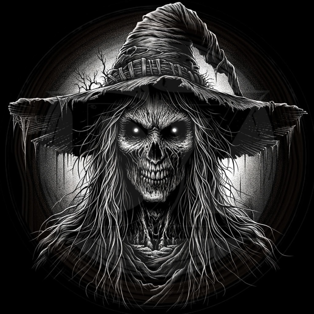 Skull-like figure with a large hat on a black background