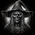 Skull-like figure with a large hat on a black background