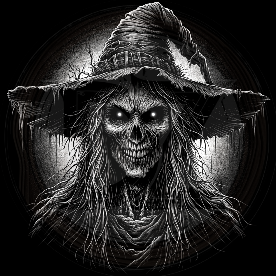 Skull-like figure with a large hat on a black background