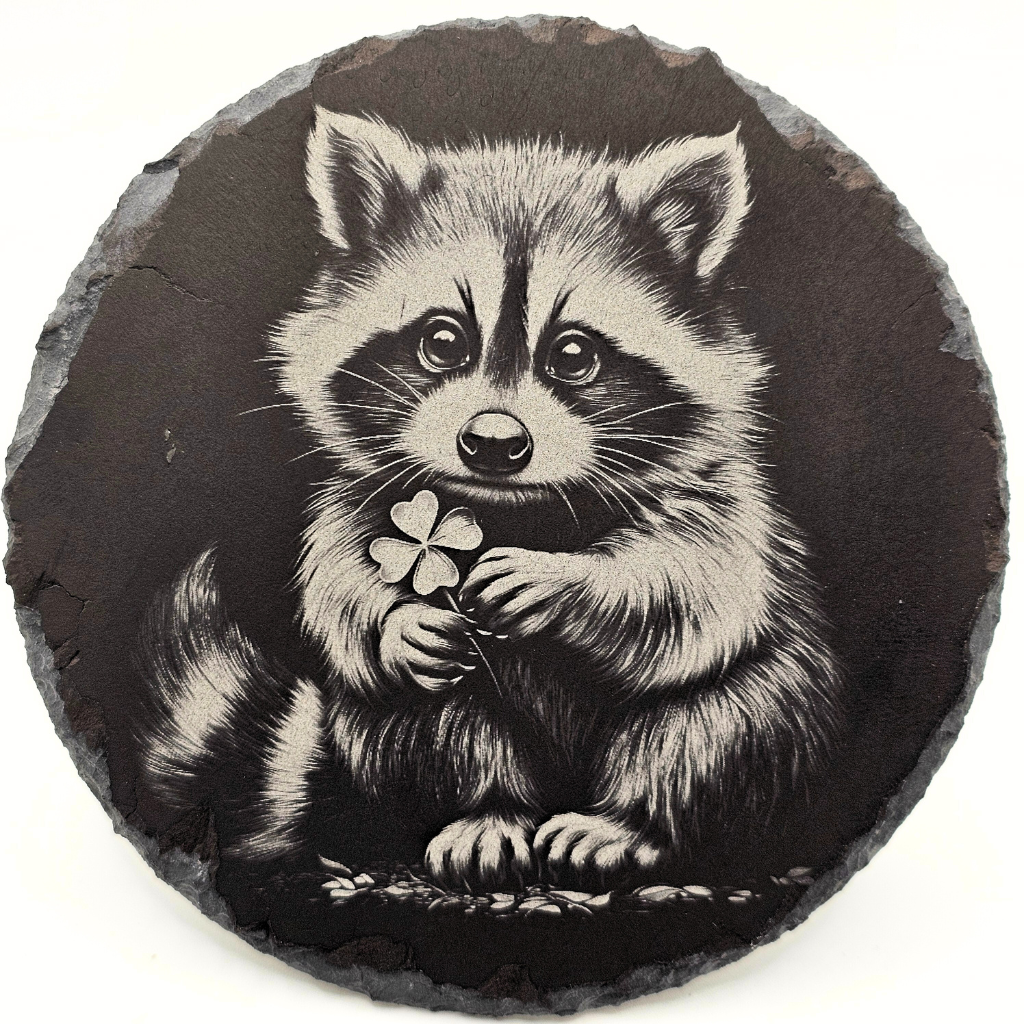 Round slate coaster with a raccoon holding a clover on a white background