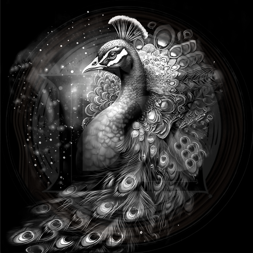 Black and white illustration of a peacock with detailed feathers
