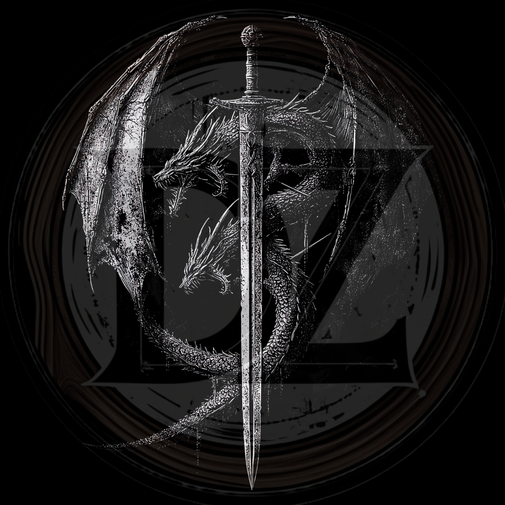 Black and white illustration of a dragon coiled around a sword on a dark background