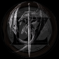 Black and white illustration of a dragon coiled around a sword on a dark background
