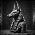 Black and white sculpture of a Egyptian god in front of hieroglyphic wall