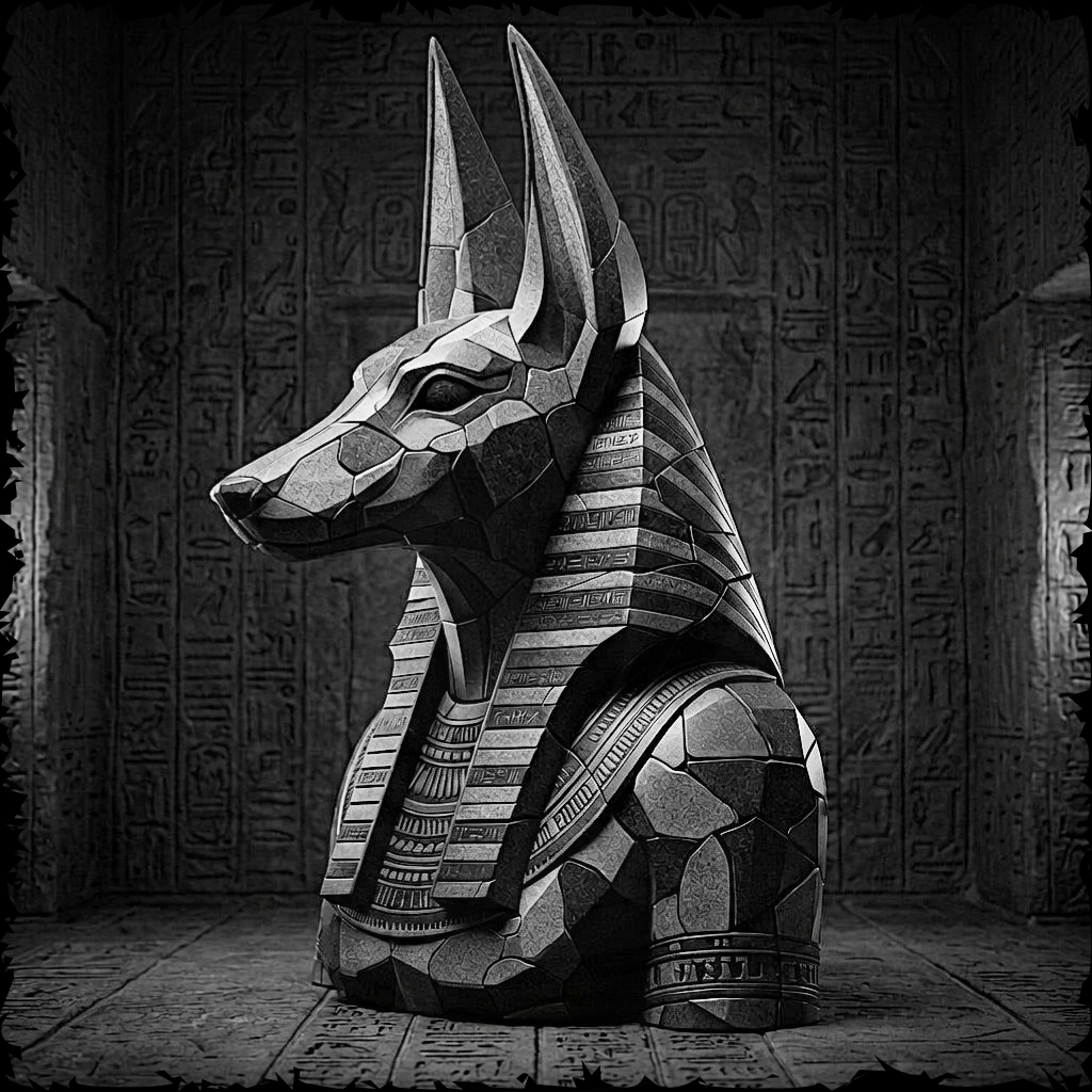 Black and white sculpture of a Egyptian god in front of hieroglyphic wall