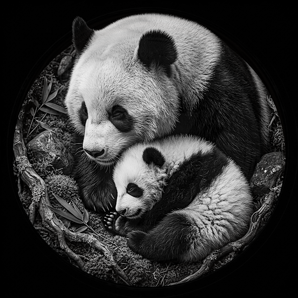 Black and white image of two pandas in a natural setting