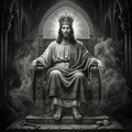 Man in royal attire sitting on a throne with a dark, gothic background