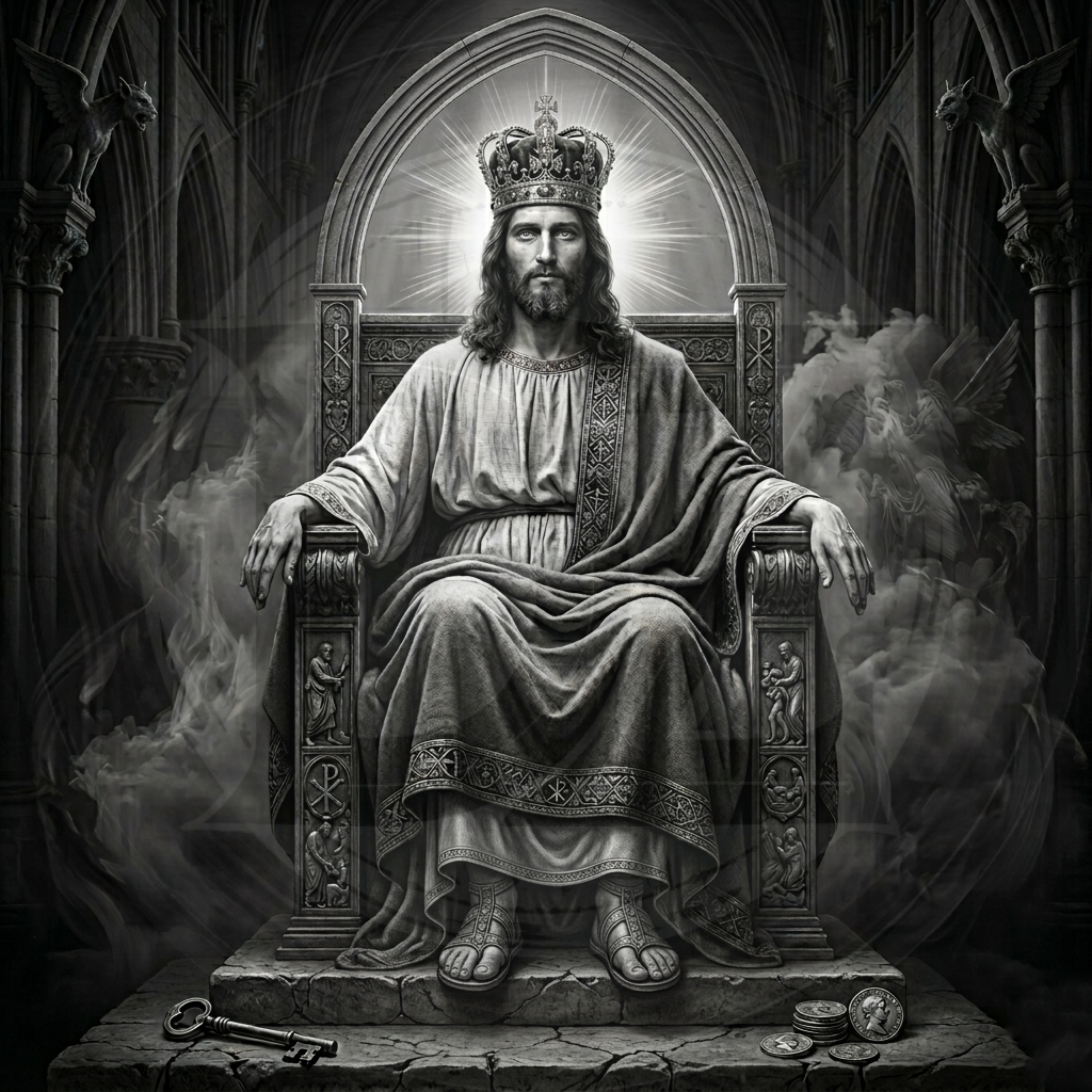 Man in royal attire sitting on a throne with a dark, gothic background