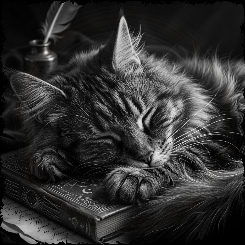 Sleeping cat on an old book with a quill pen in the background