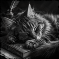 Sleeping cat on an old book with a quill pen in the background