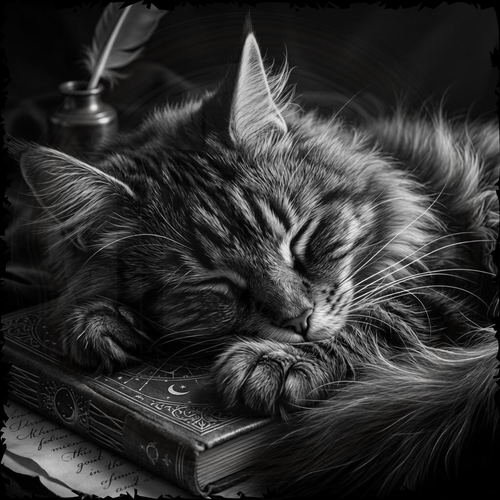 Sleeping cat on an old book with a quill pen in the background