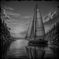 Sailing boat on a calm lake with a dock and trees in the background