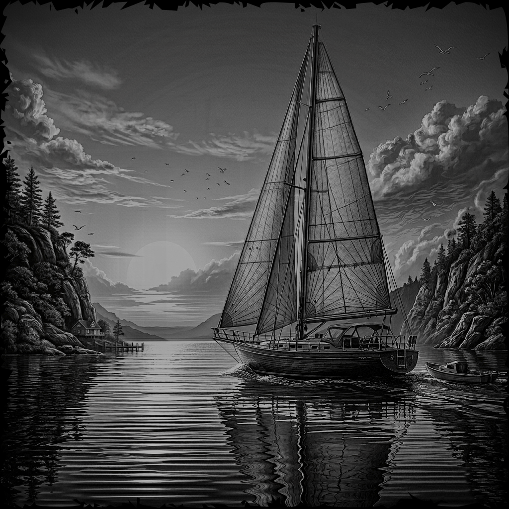 Sailing boat on a calm lake with a dock and trees in the background