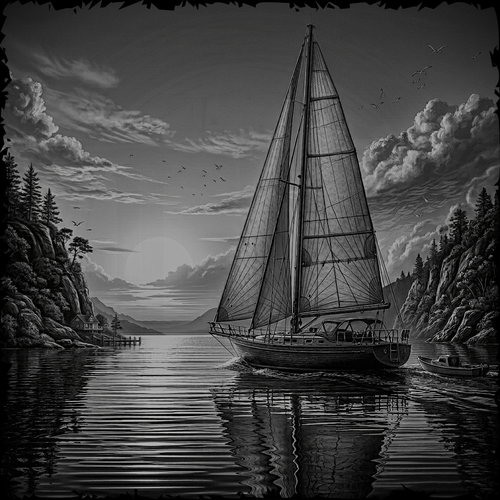Sailing boat on a calm lake with a dock and trees in the background