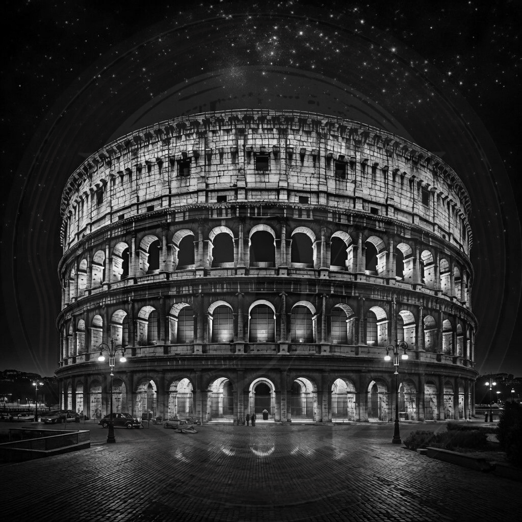 Black and white image of the Colosseum at night