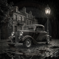 Vintage car on a rain-soaked street with a classic building in the background
