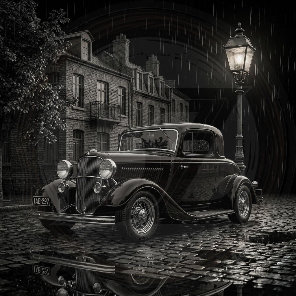 Vintage car on a rain-soaked street with a classic building in the background