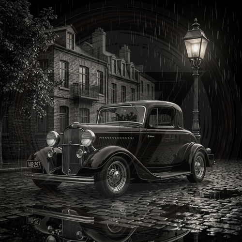 Vintage car on a rain-soaked street with a classic building in the background