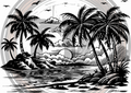 Illustration of a tropical island with palm trees and a rainbow.