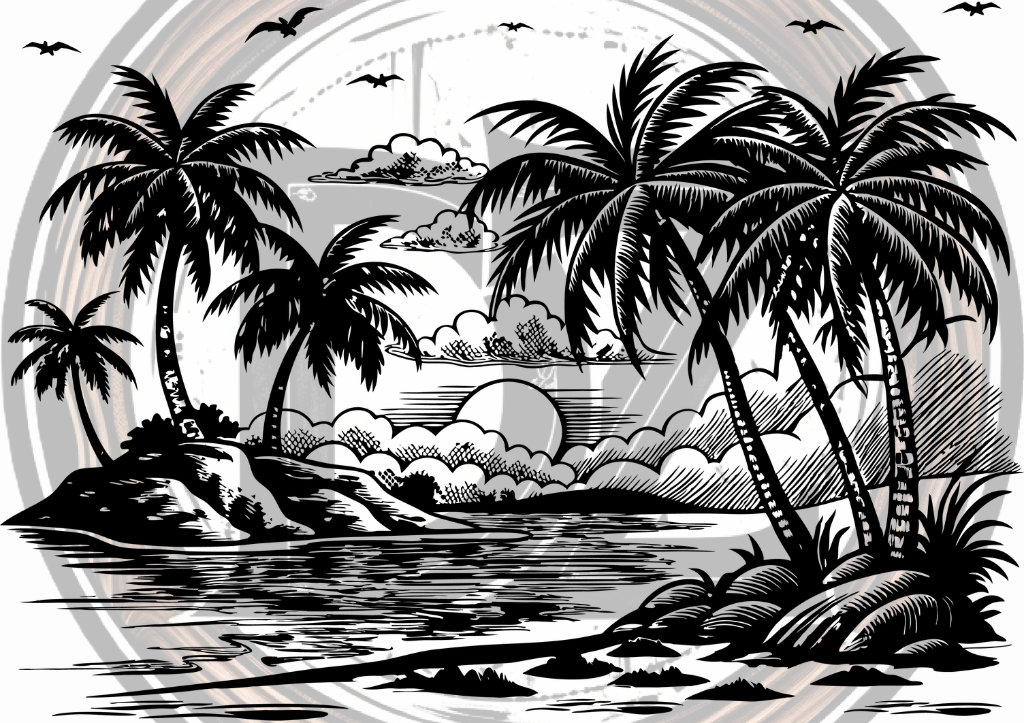 Illustration of a tropical island with palm trees and a rainbow.