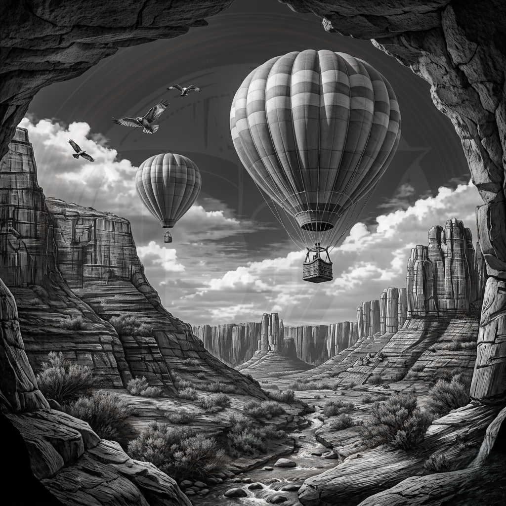 Hot air balloons flying over a desert landscape with rocky cliffs and a stream.