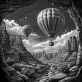 Hot air balloons flying over a desert landscape with rocky cliffs and a stream.