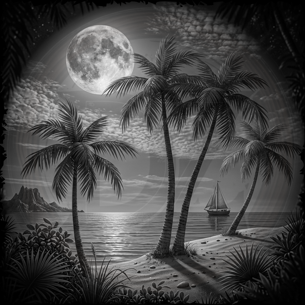 Black and white illustration of a tropical beach scene with palm trees, a full moon, and a sailboat.