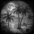 Black and white illustration of a tropical beach scene with palm trees, a full moon, and a sailboat.