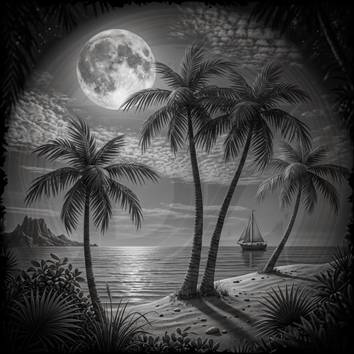 Black and white illustration of a tropical beach scene with palm trees, a full moon, and a sailboat.