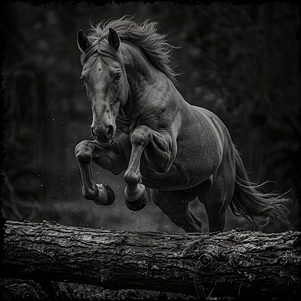 Black and white horse leaping over a log with a dark background