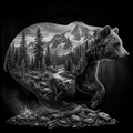 Black and white illustration of a bear in a forest with mountains in the background