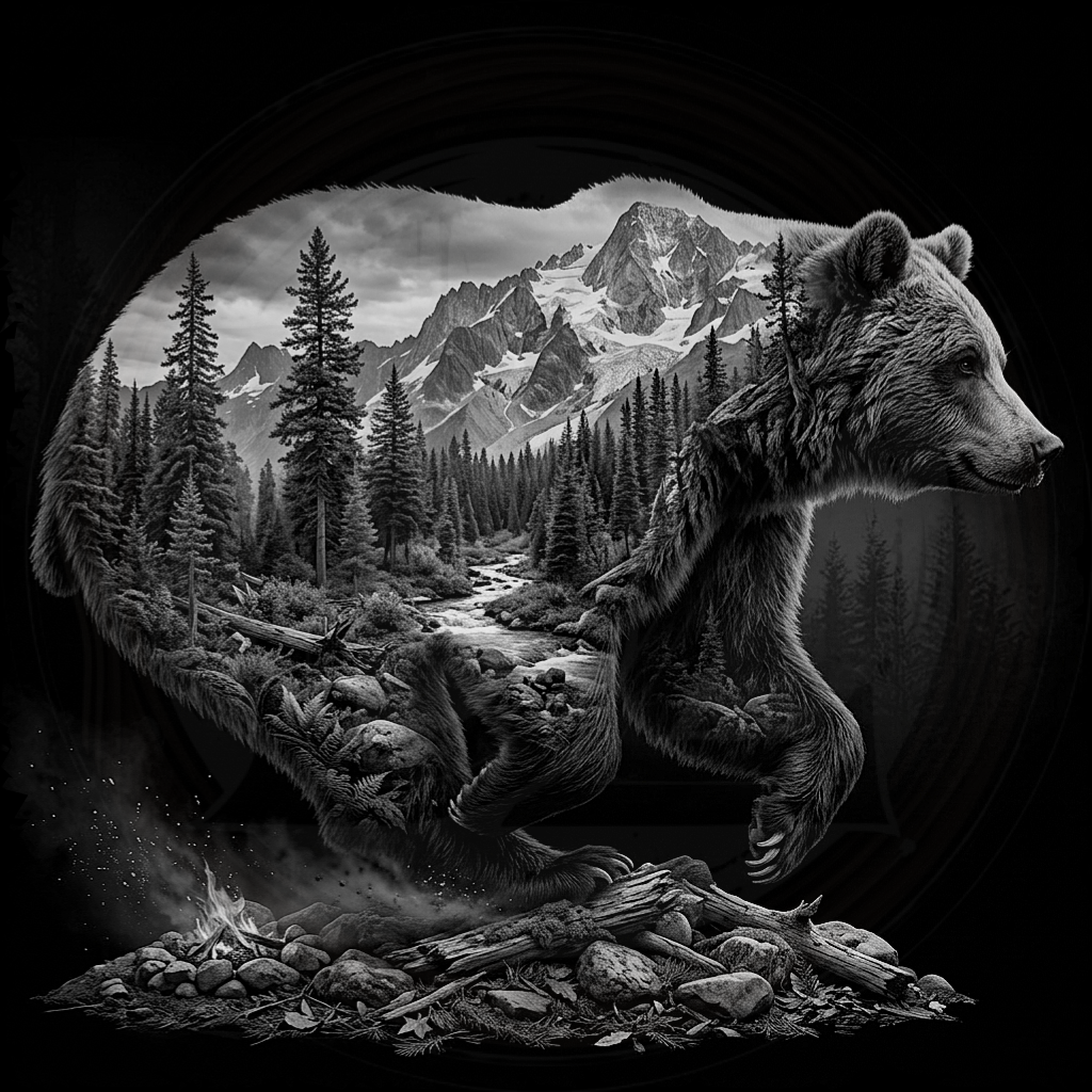 Black and white illustration of a bear in a forest with mountains in the background