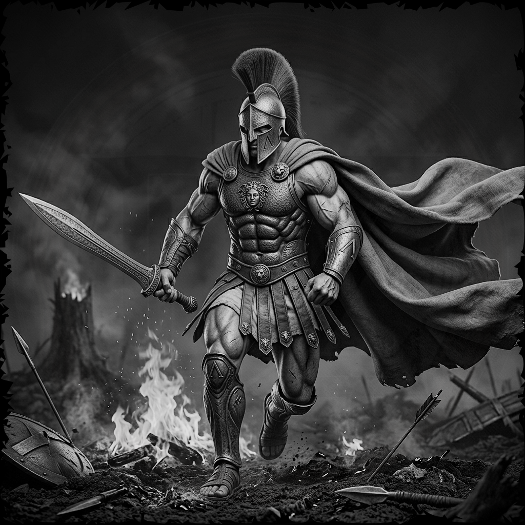 Warrior in ancient armor holding a sword with a dark, smoky background