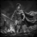 Warrior in ancient armor holding a sword with a dark, smoky background