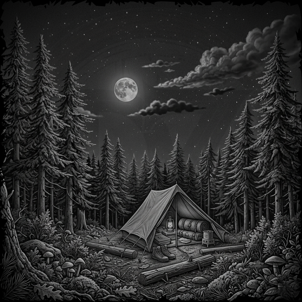 Tent in a forest at night under a full moon