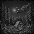 Tent in a forest at night under a full moon