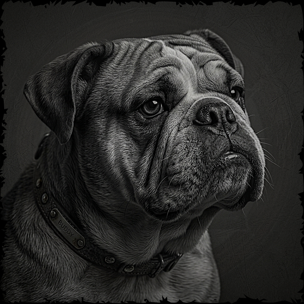 Black and white portrait of a bulldog with a dark background
