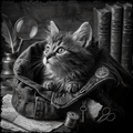 Cat in a vintage explorer's outfit with books and magnifying glass in the background