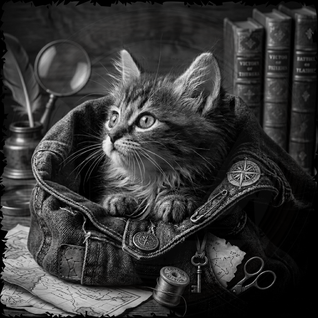 Cat in a vintage explorer's outfit with books and magnifying glass in the background