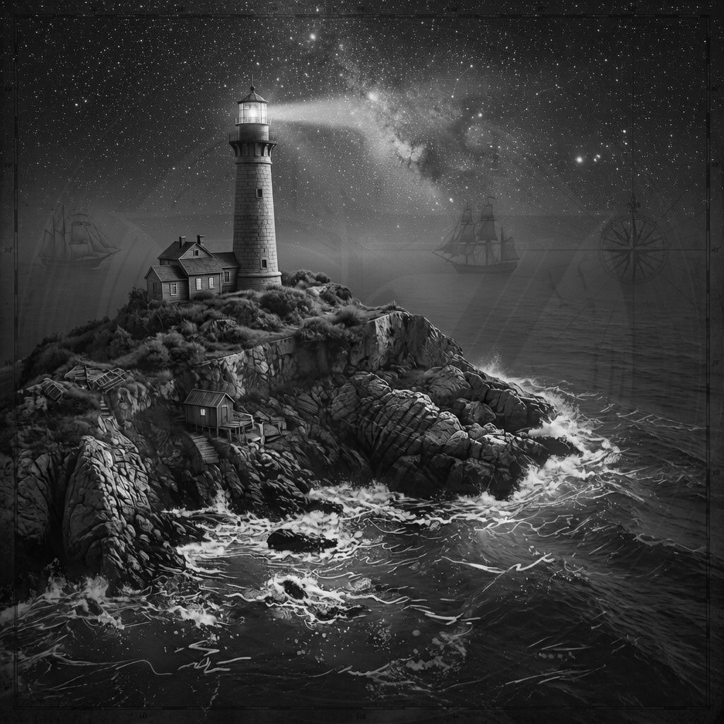 Lighthouse on a rocky island with ships in the background under a starry sky.