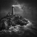 Lighthouse on a rocky island with ships in the background under a starry sky.