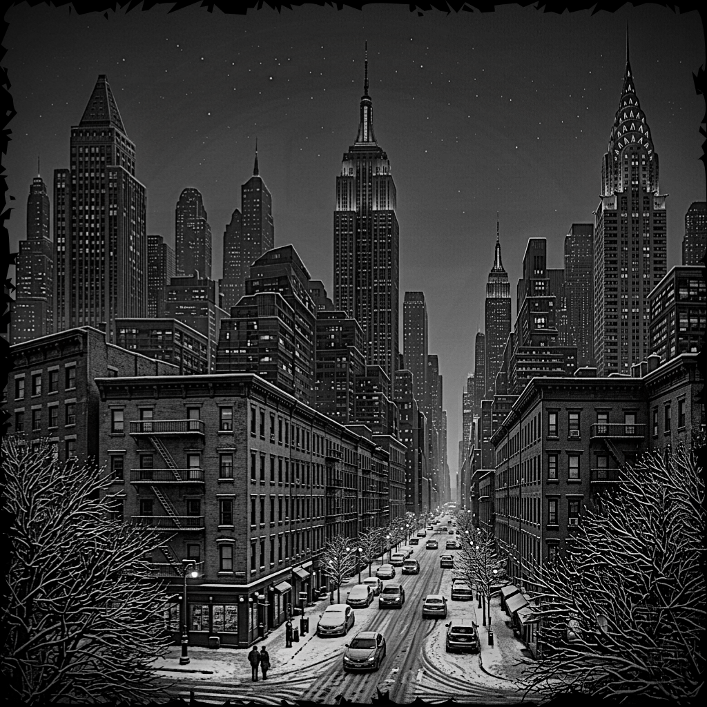 Black and white cityscape at night with tall buildings and a street filled with cars.