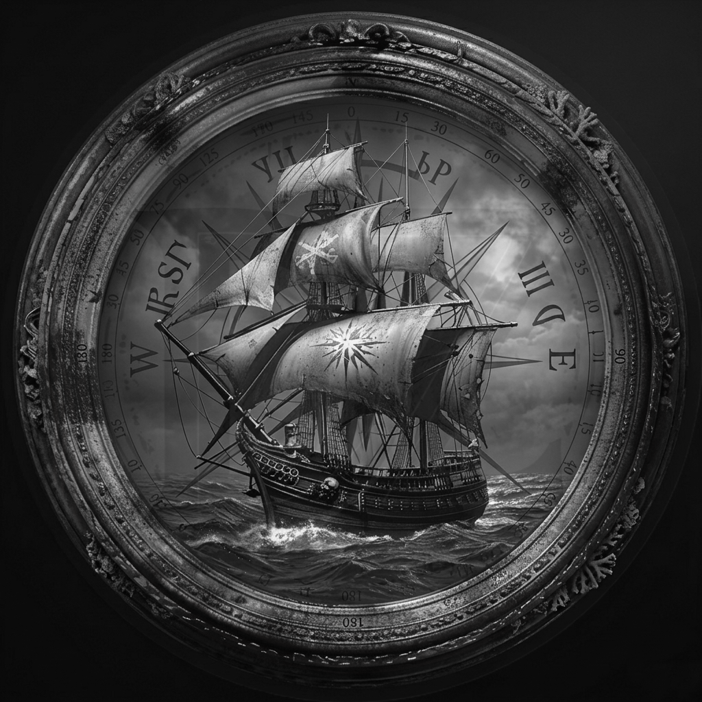 Decorative compass with a ship illustration on a black background