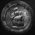 Decorative compass with a ship illustration on a black background