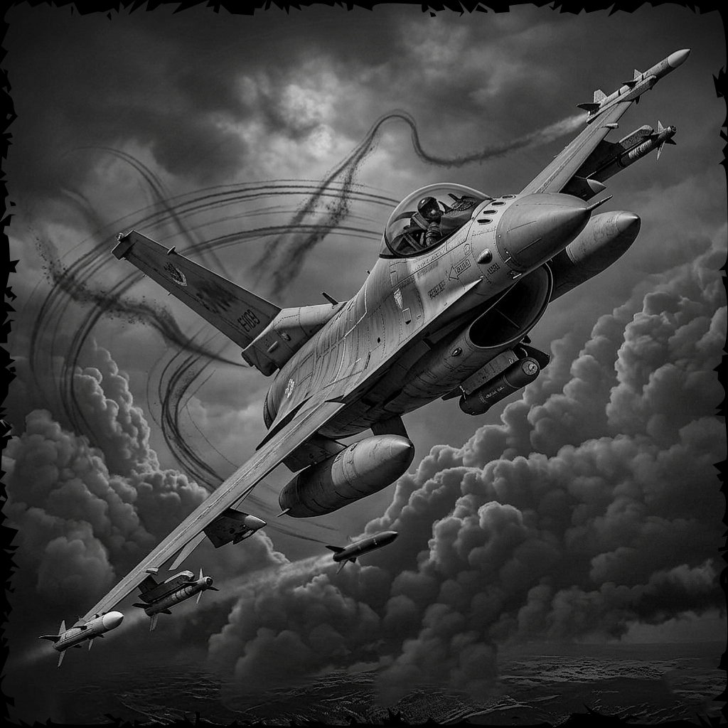 Black and white image of a fighter jet with contrails against a dramatic sky.