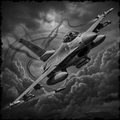 Black and white image of a fighter jet with contrails against a dramatic sky.